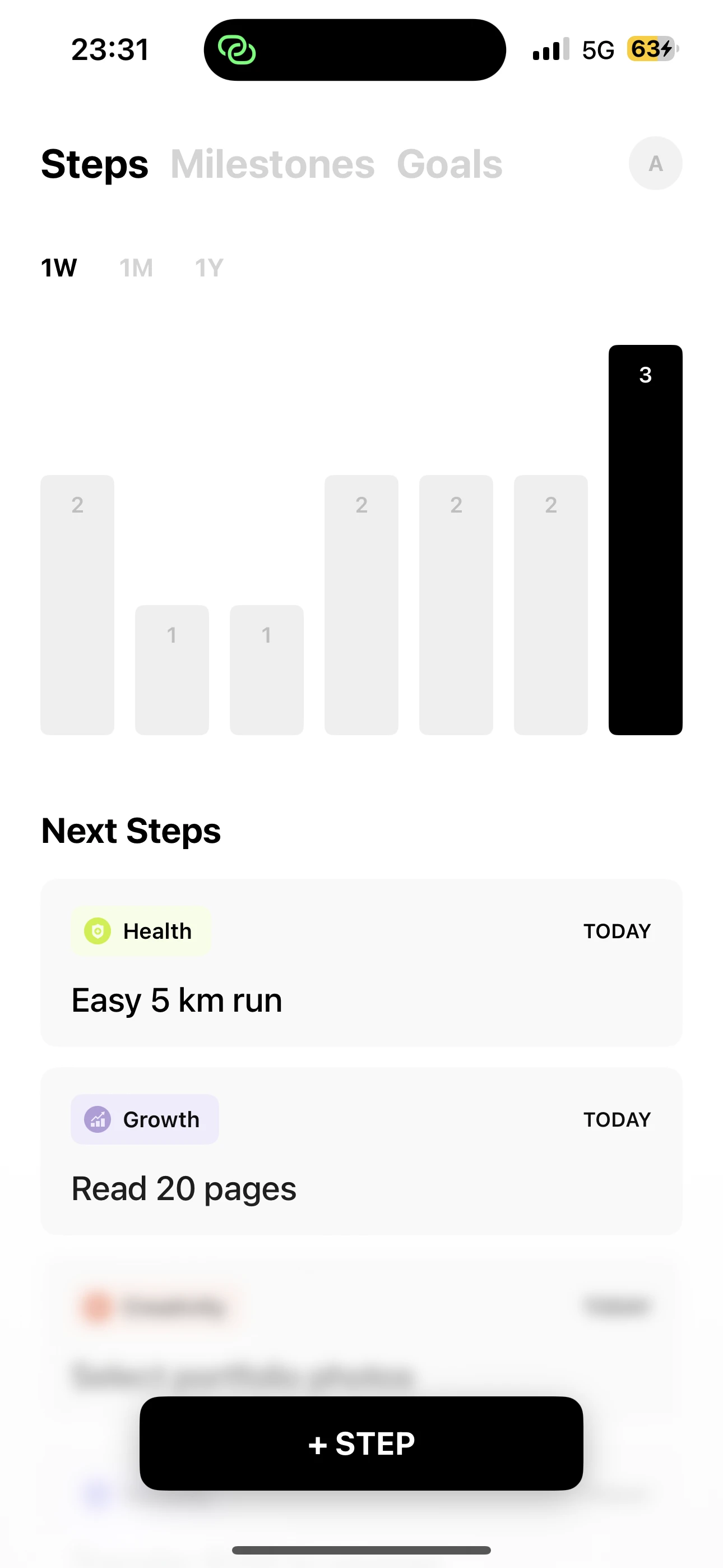 Kompass app: Steps with weekly activity and upcoming tasks